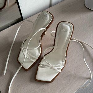 Zara White Strappy Square-Toe Heeled Sandals